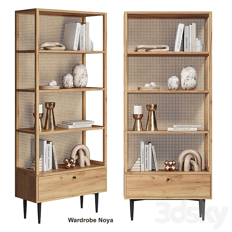 Bookcase in oak and wicker rattan Noya La Redoute 3DS Max - thumbnail 1