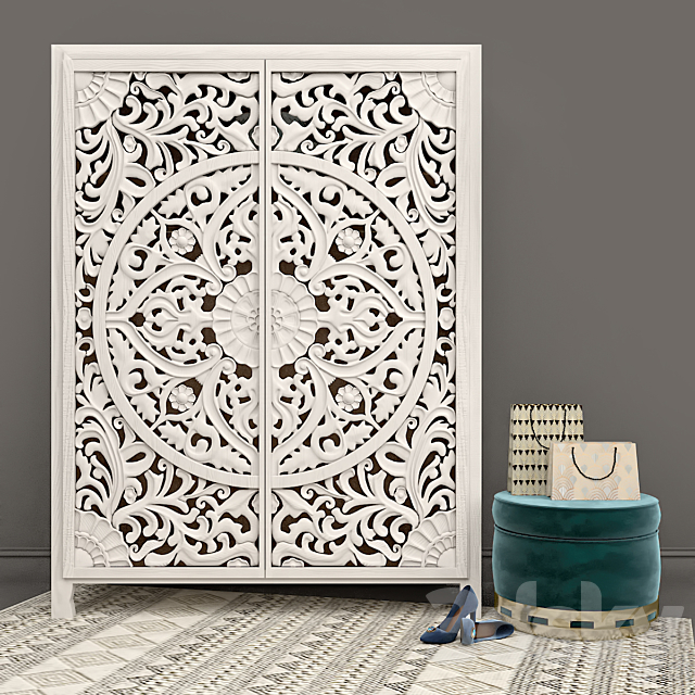 Carved Lombok Armoire with Velvet Carousel Ottoman pouf by Anthropologie 3ds Max - thumbnail 1