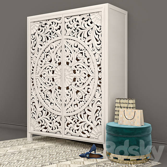 Carved Lombok Armoire with Velvet Carousel Ottoman pouf by Anthropologie 3ds Max - thumbnail 2