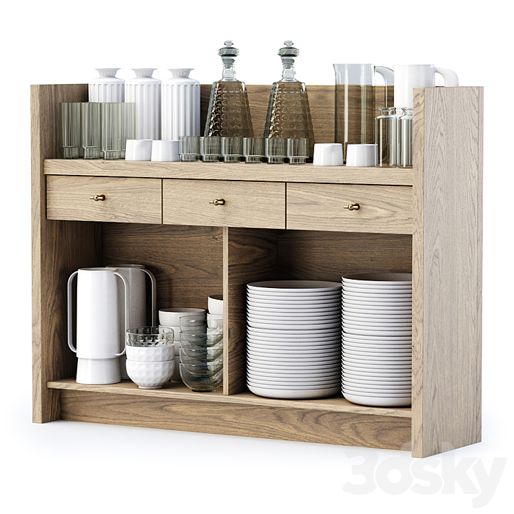 Mira restaurant cabinet with dishes V4 \/ Wooden sideboard with dishes 3DS Max Model - thumbnail 2