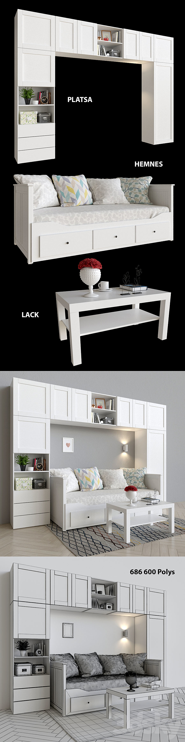 Wardrobe. bed and table Ikea Platsa. Hemnes. Lack 3DSMax File - thumbnail 3