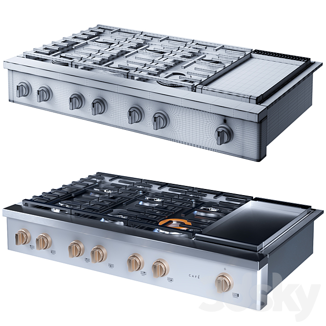 cafe 48 inch Commercial-Style Gas Rangetop with 6 Burners and Integrated Griddle 3DS Max Model - thumbnail 4