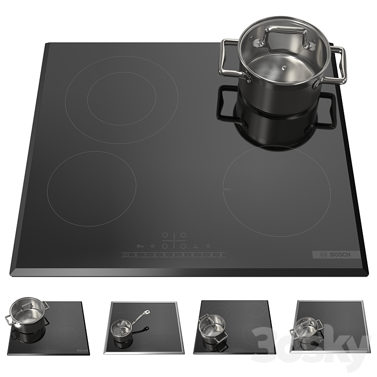 Set of Bosch hobs with cookware 002 3DS Max Model - thumbnail 3