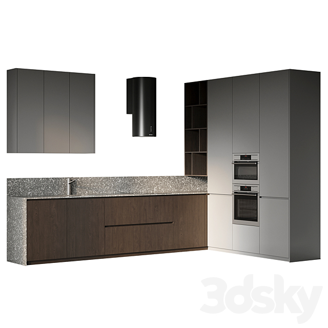 Corner kitchen in dark colors 3ds Max - thumbnail 1