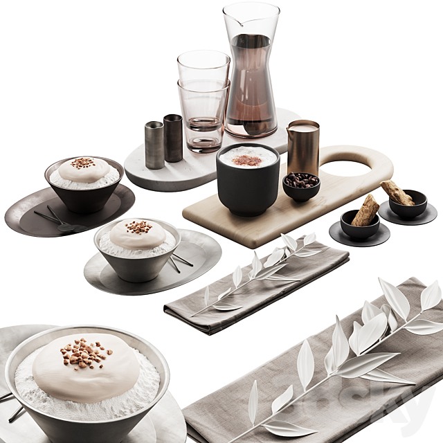 429 eat and drinks decor set 07 desserts with latte and water carafe 3ds Max - thumbnail 1