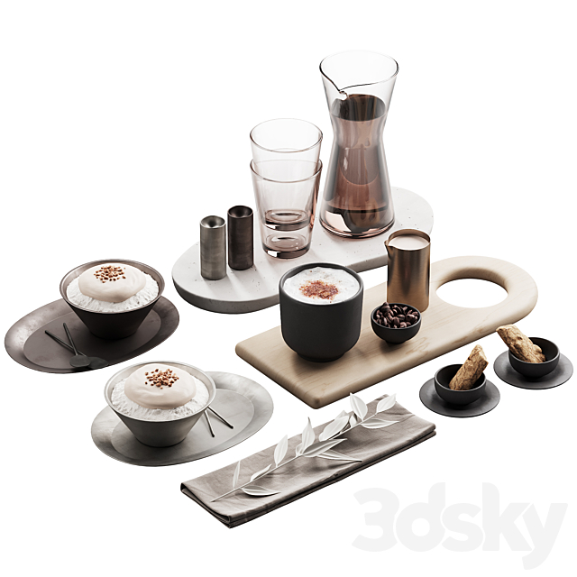 429 eat and drinks decor set 07 desserts with latte and water carafe 3ds Max - thumbnail 2