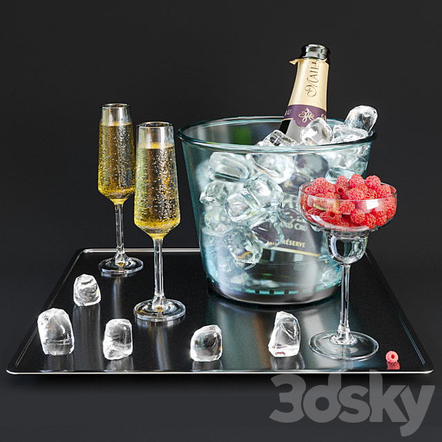 A bottle of champagne on a tray with ice and raspberries. 3ds Max - thumbnail 1