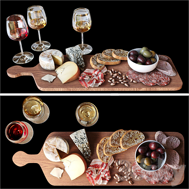 A meat plate with pieces of blue cheese and a glass of red wine. Alcohol 2 3ds Max - thumbnail 1