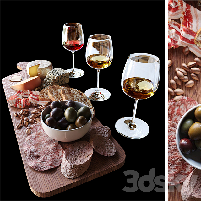 A meat plate with pieces of blue cheese and a glass of red wine. Alcohol 2 3ds Max - thumbnail 2