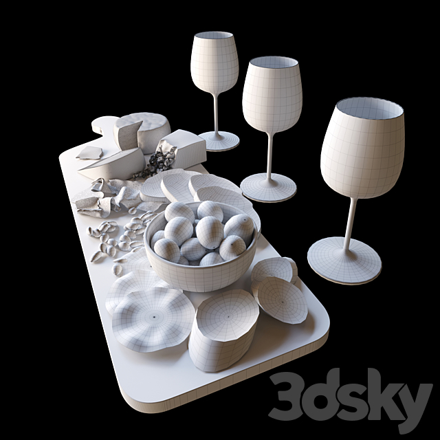 A meat plate with pieces of blue cheese and a glass of red wine. Alcohol 2 3ds Max - thumbnail 3