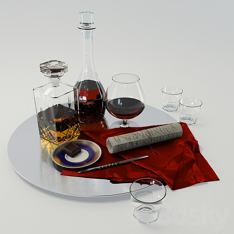 A set with a decanter of whiskey and brandy on a large platter – Set whiskey and cognac decanter on dish 3DS Max - thumbnail 1