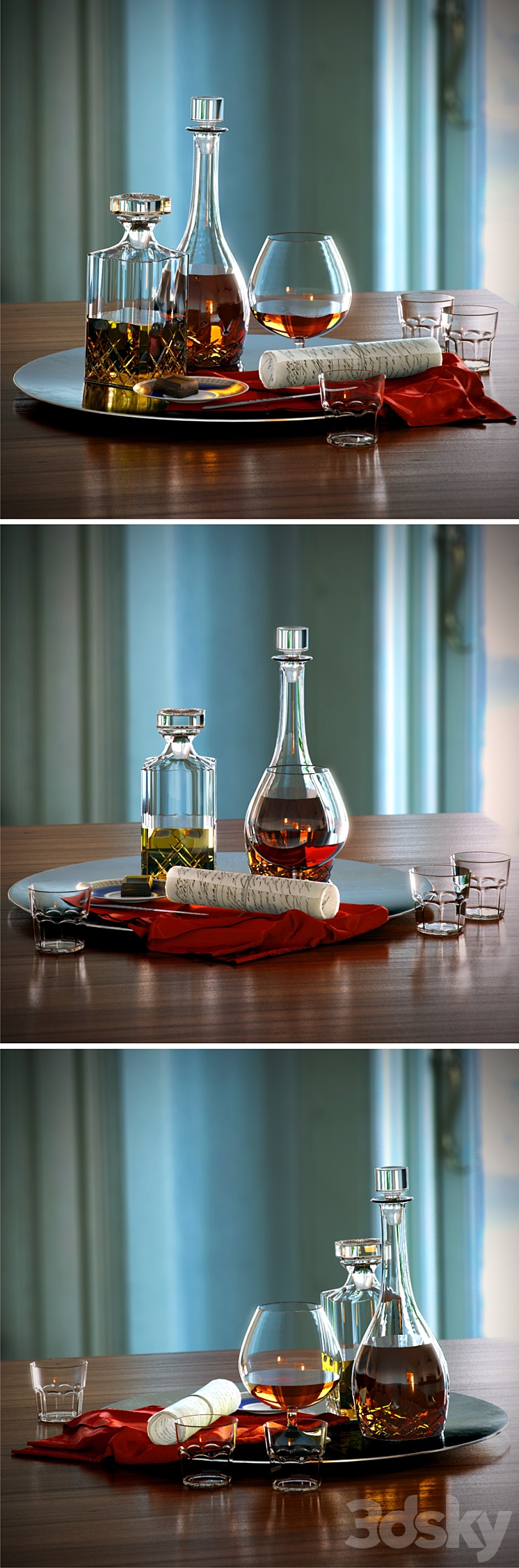 A set with a decanter of whiskey and brandy on a large platter – Set whiskey and cognac decanter on dish 3DS Max - thumbnail 2