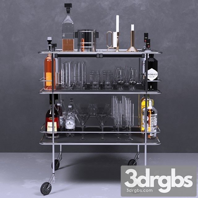 A table with alcohol and a crystal service. wine 3dsmax Download - thumbnail 1