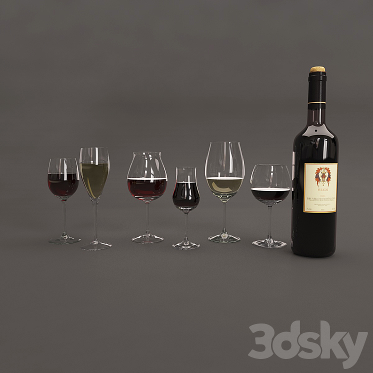 Bottle and glasses of wine 3DS Max - thumbnail 1