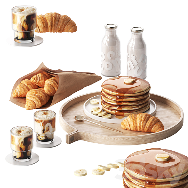 Breakfast with pancakes and croissants with coffee 3ds Max - thumbnail 1