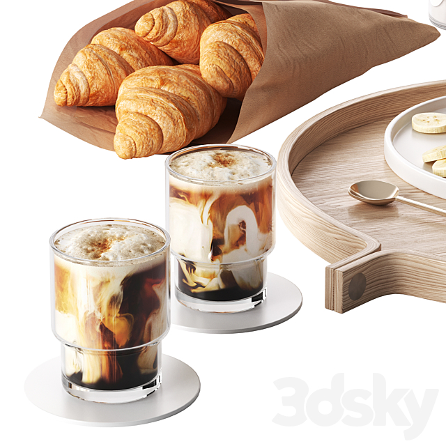 Breakfast with pancakes and croissants with coffee 3ds Max - thumbnail 2