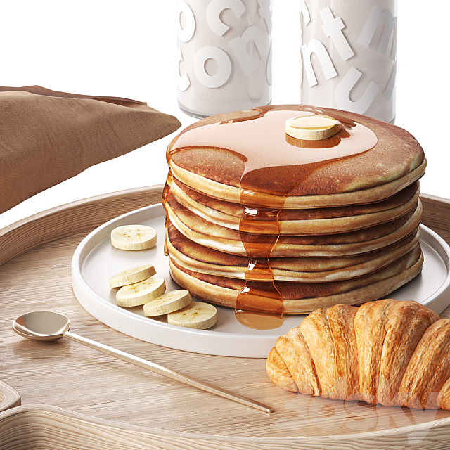 Breakfast with pancakes and croissants with coffee 3ds Max - thumbnail 3