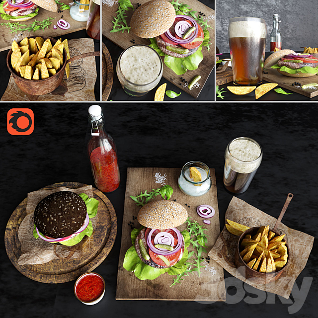 Burgers with potatoes and beer 3DSMax File - thumbnail 1