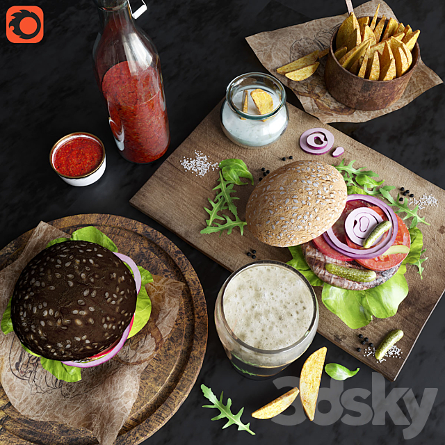 Burgers with potatoes and beer 3DSMax File - thumbnail 2