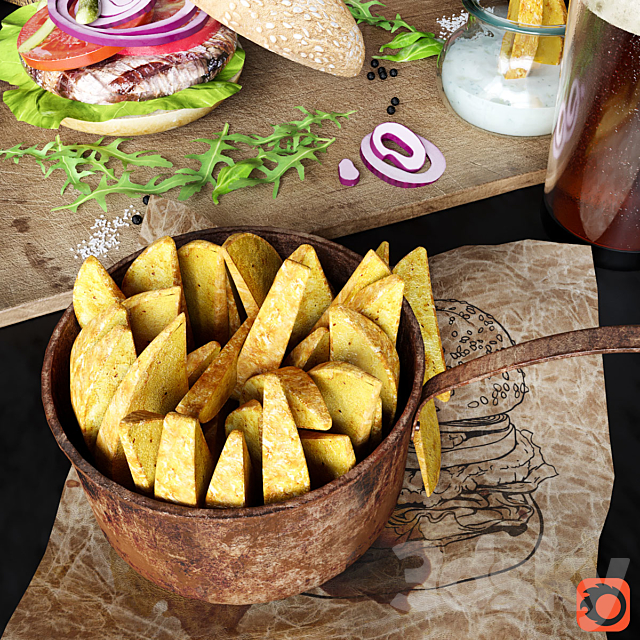 Burgers with potatoes and beer 3DSMax File - thumbnail 3