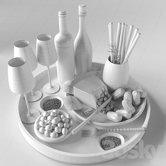 Cheese plate with sausages and wine. Alcohol 3DS Max Model - thumbnail 2