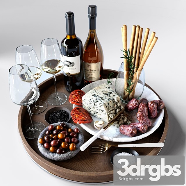 Cheese plate with sausages and wine. alcohol 3dsmax Download - thumbnail 1