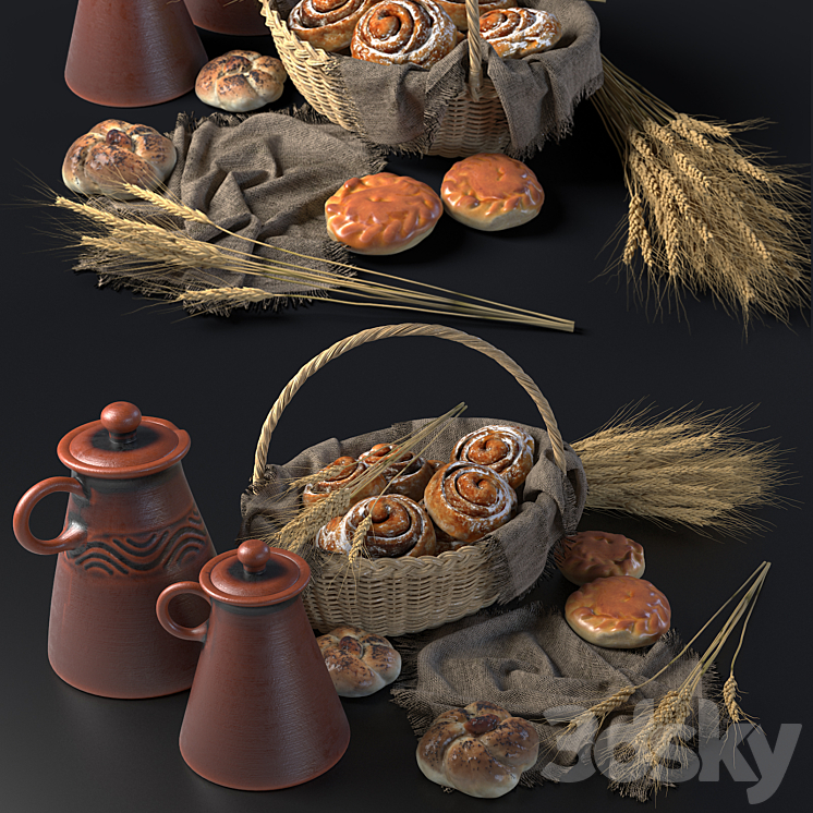 Composition with buns in a wicker basket 3DS Max - thumbnail 1