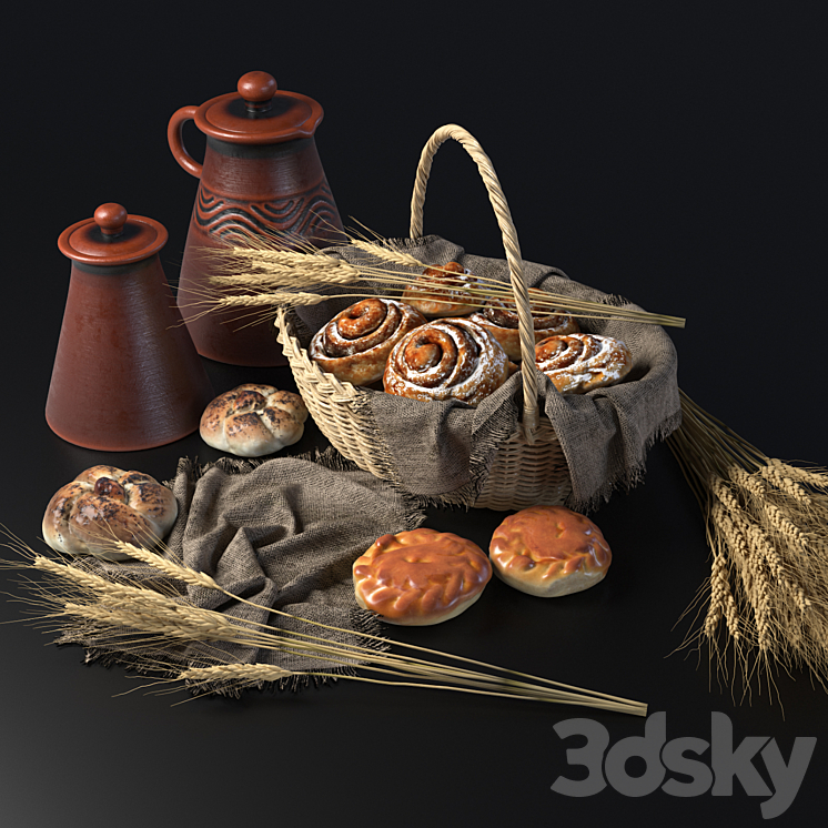 Composition with buns in a wicker basket 3DS Max - thumbnail 2