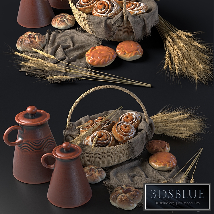 Composition with buns in a wicker basket 3DS Max - thumbnail 3