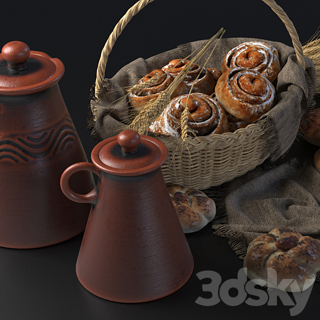 Composition with buns in a wicker basket 3DS Max Model - thumbnail 3