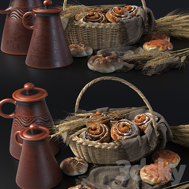 Composition with buns in a wicker basket 3DS Max Model - thumbnail 4