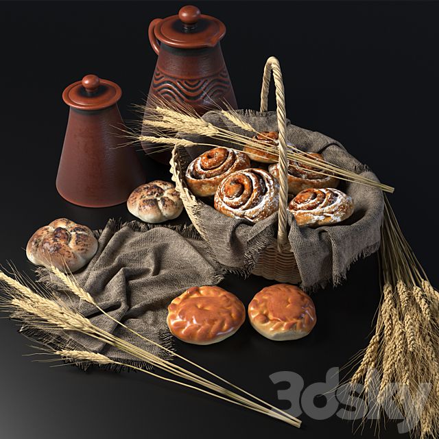 Composition with buns in a wicker basket 3DS Max Model - thumbnail 5