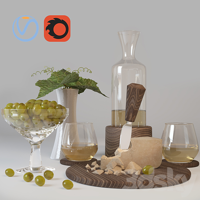 Decorative set of wine cheese and grapes 3ds Max - thumbnail 1