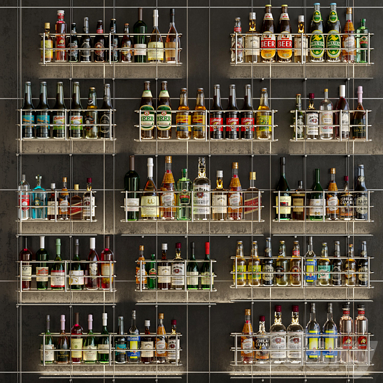 Design project of a bar or restaurant with a beautiful arrangement of bottles. Alcohol 3DS Max - thumbnail 1