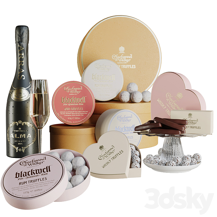 Gift set with sweets and desserts and a glass of wine 3DS Max - thumbnail 1