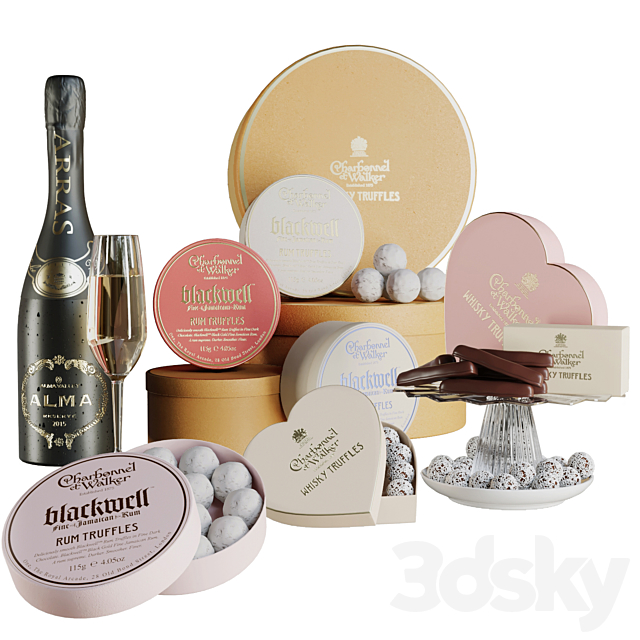 Gift set with sweets and desserts and a glass of wine 3DSMax File - thumbnail 1