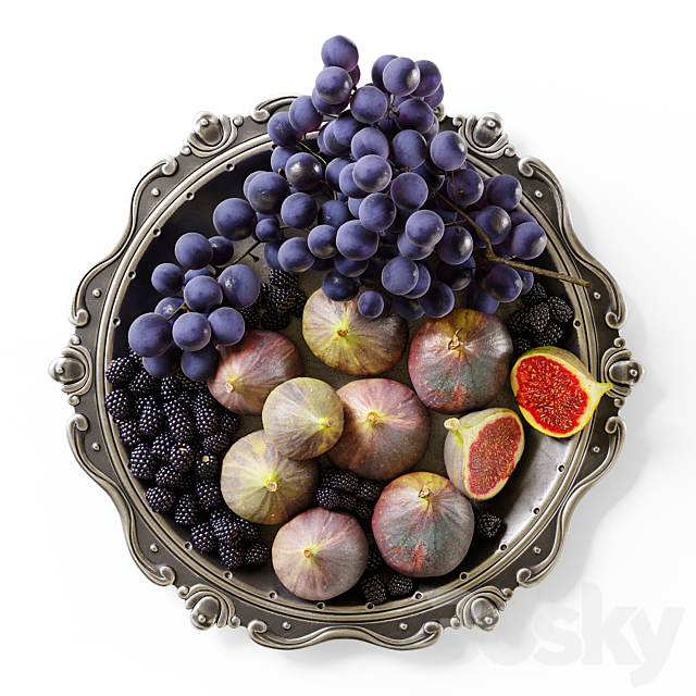 Grapes figs and blackberries in a classic plate 3ds Max - thumbnail 3