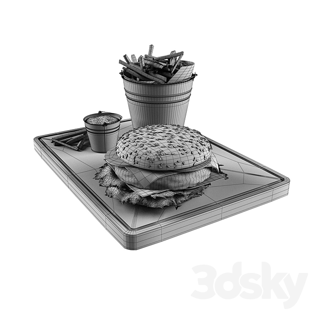 Hamburger and french fries in a bucket 3DSMax File - thumbnail 3