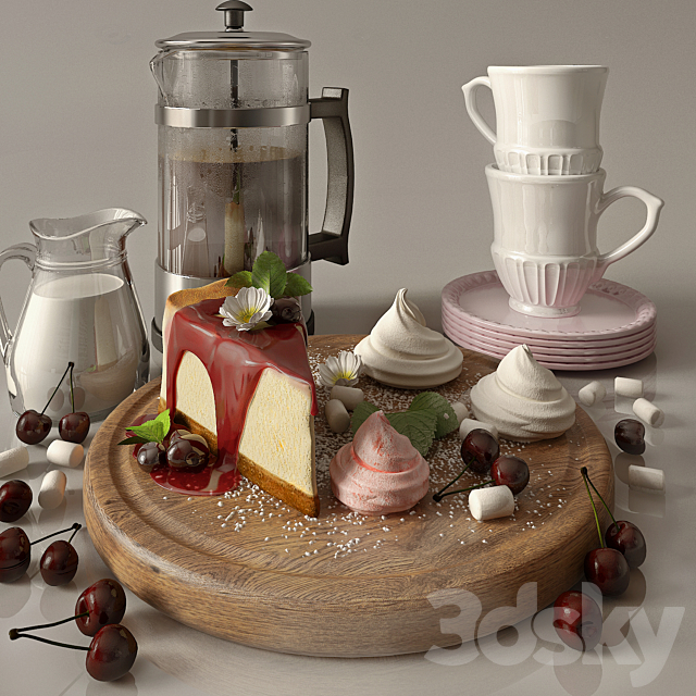 Kitchen set with cofee and cherry cheesecake 3ds Max - thumbnail 1