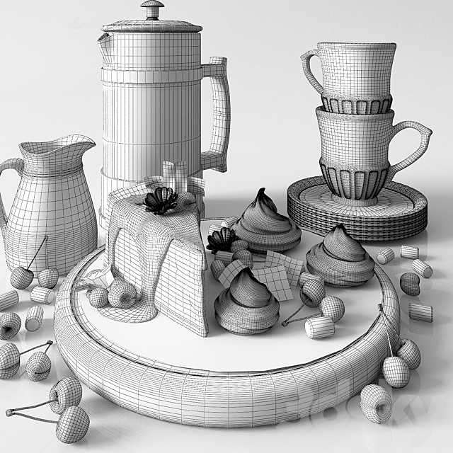 Kitchen set with cofee and cherry cheesecake 3ds Max - thumbnail 3