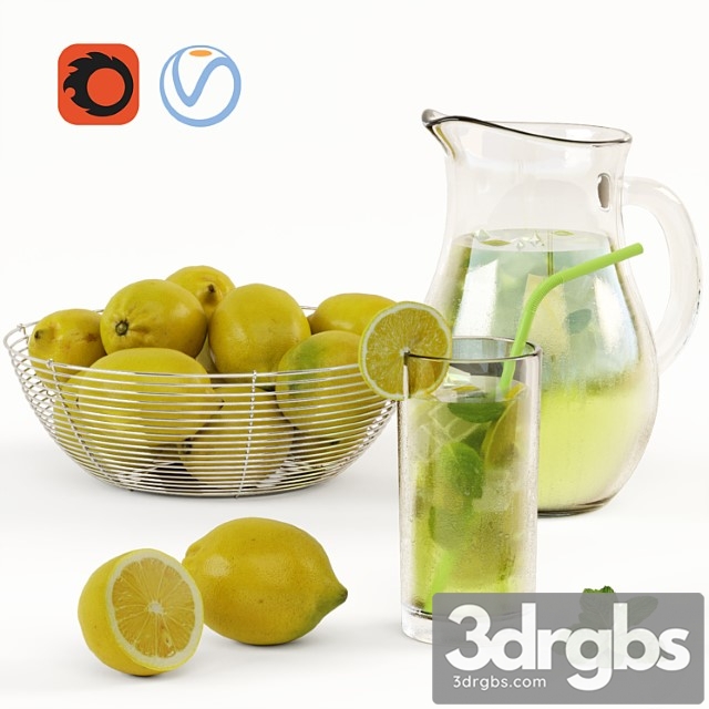 Lemonade and bowl with lemons 3dsmax Download - thumbnail 1