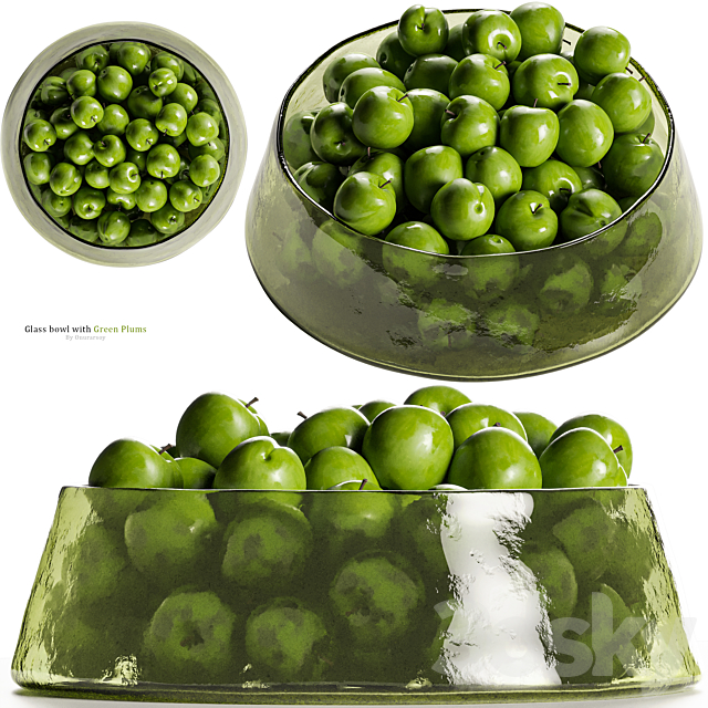 Low Glass Bowl Centerpiece with Green Plums 3DSMax File - thumbnail 1