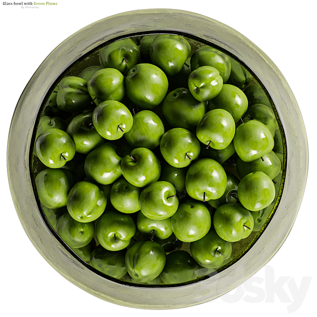 Low Glass Bowl Centerpiece with Green Plums 3DSMax File - thumbnail 3