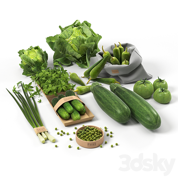 Set with green vegetables: cabbage cucumbers peppers zucchini onions tomatoes peas 3DS Max Model - thumbnail 3