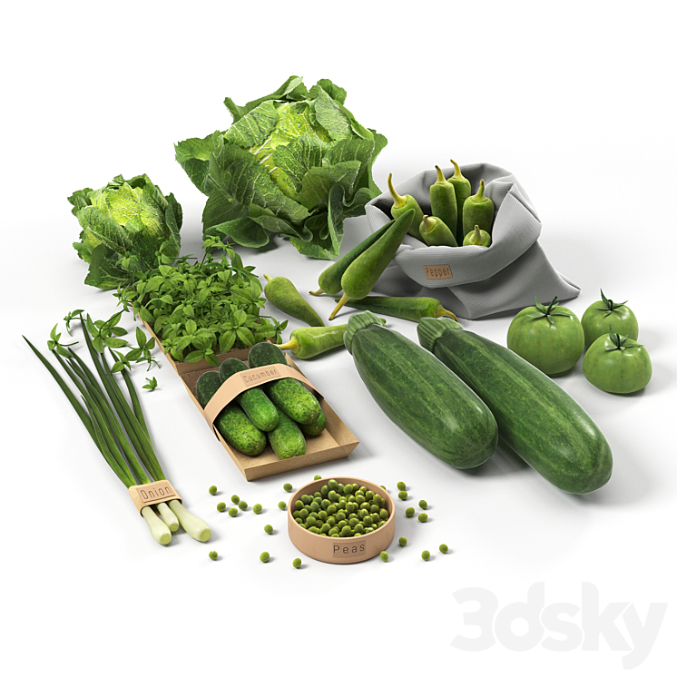 Set with green vegetables: cabbage cucumbers peppers zucchini onions tomatoes peas 3DS Max - thumbnail 1