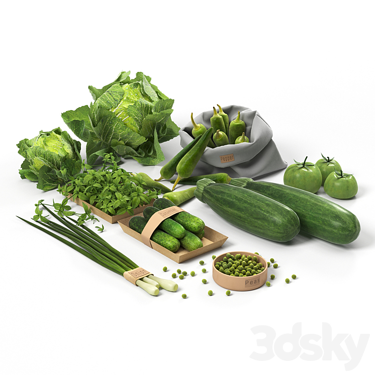 Set with green vegetables: cabbage cucumbers peppers zucchini onions tomatoes peas 3DS Max - thumbnail 2