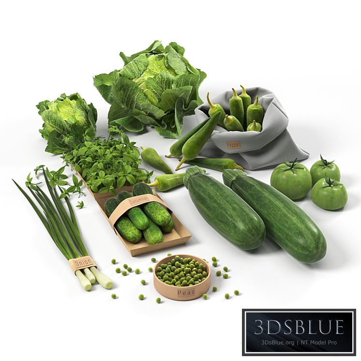 Set with green vegetables: cabbage cucumbers peppers zucchini onions tomatoes peas 3DS Max - thumbnail 3