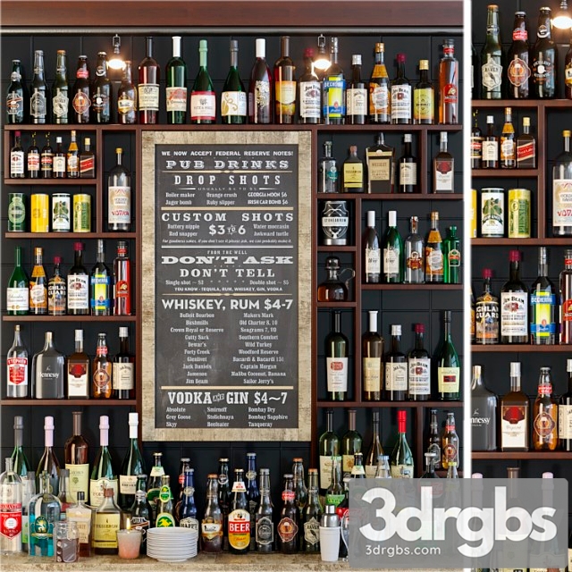 Showcase in the bar with a collection of strong alcohol and cocktails. alcohol 3dsmax Download - thumbnail 1