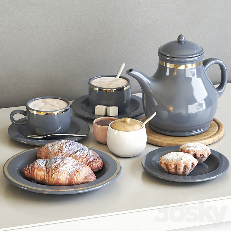 Tea set with croissant and muffin 3DS Max - thumbnail 1