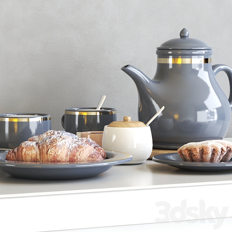 Tea set with croissant and muffin 3DS Max - thumbnail 2